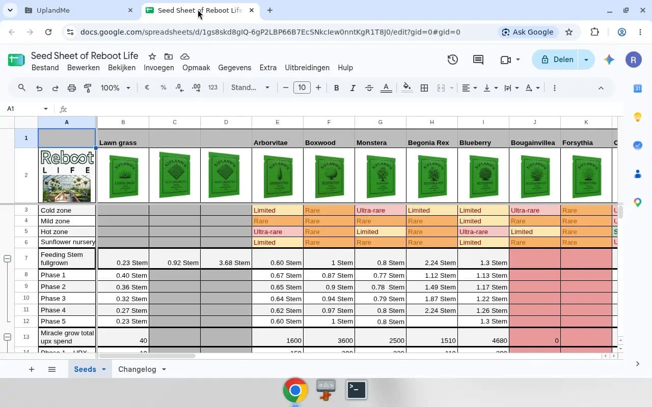 Seed Sheet of Reboot Life: plant columns with rarities by zone and STEM phases